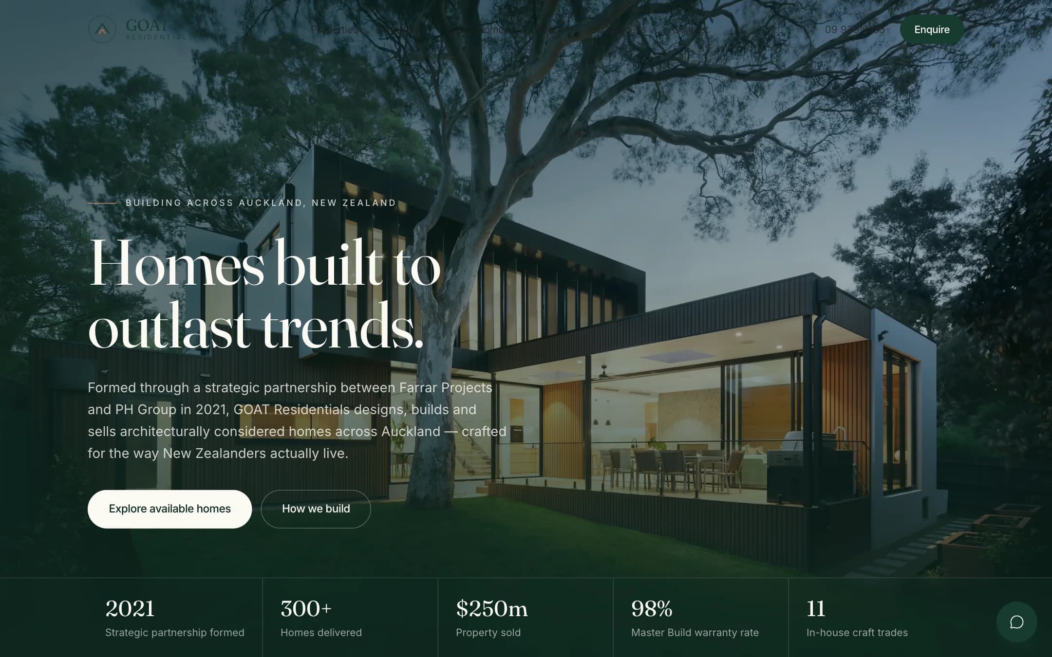 The GOAT Residentials home page, above the fold.